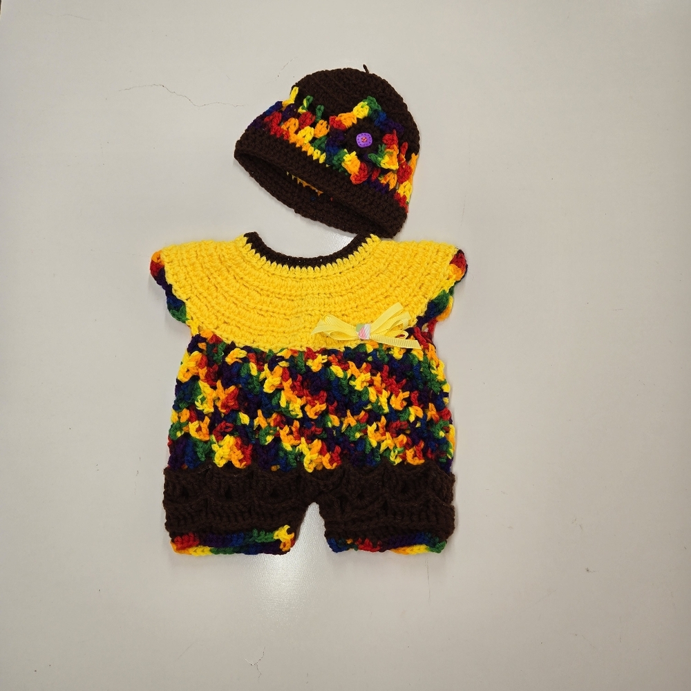 Handmade Crochet Baby 0-3 Month One‎ Piece Outfit With Band Rainbow Sunny Artsy